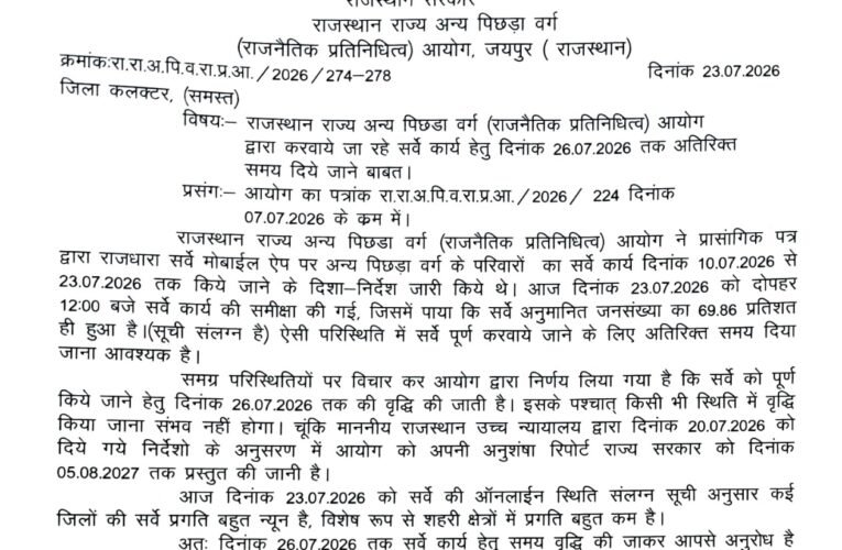 ओबीसी परिवारों के सर्वे कार्य की अवधि 26 तक बढ़ाई